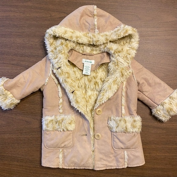 Circo Faux Suede & Shearling Tan Jacket Toddler Size 12M Winter Coat Fur Hood - Picture 9 of 11